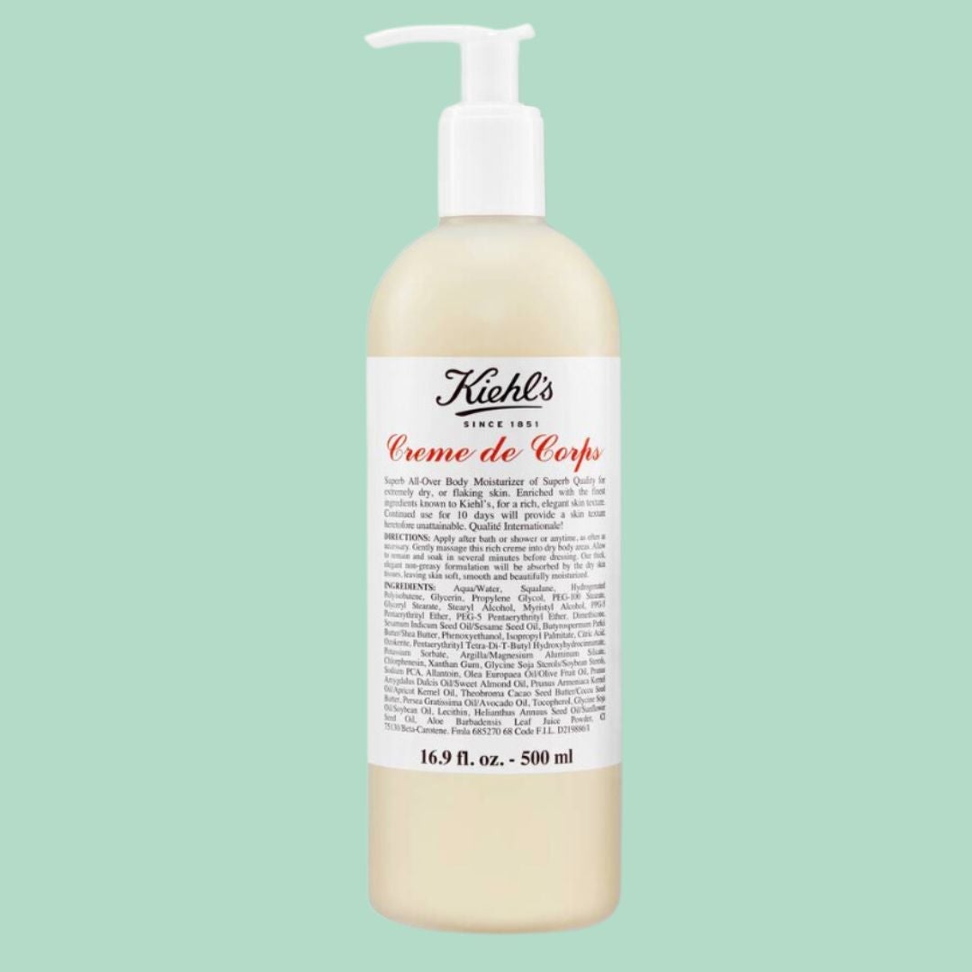 Kiehl's Creme de Corps lotion vessel with pump, displaying elaborate substance astir ingredients and usage connected the beforehand label
