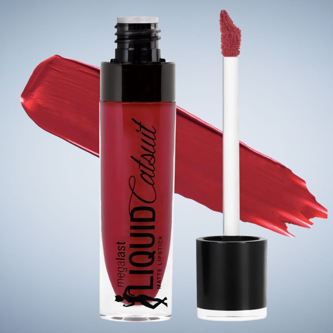 Open tube of Megalast Liquid Catsuit red lipstick with applicator on side and swatch