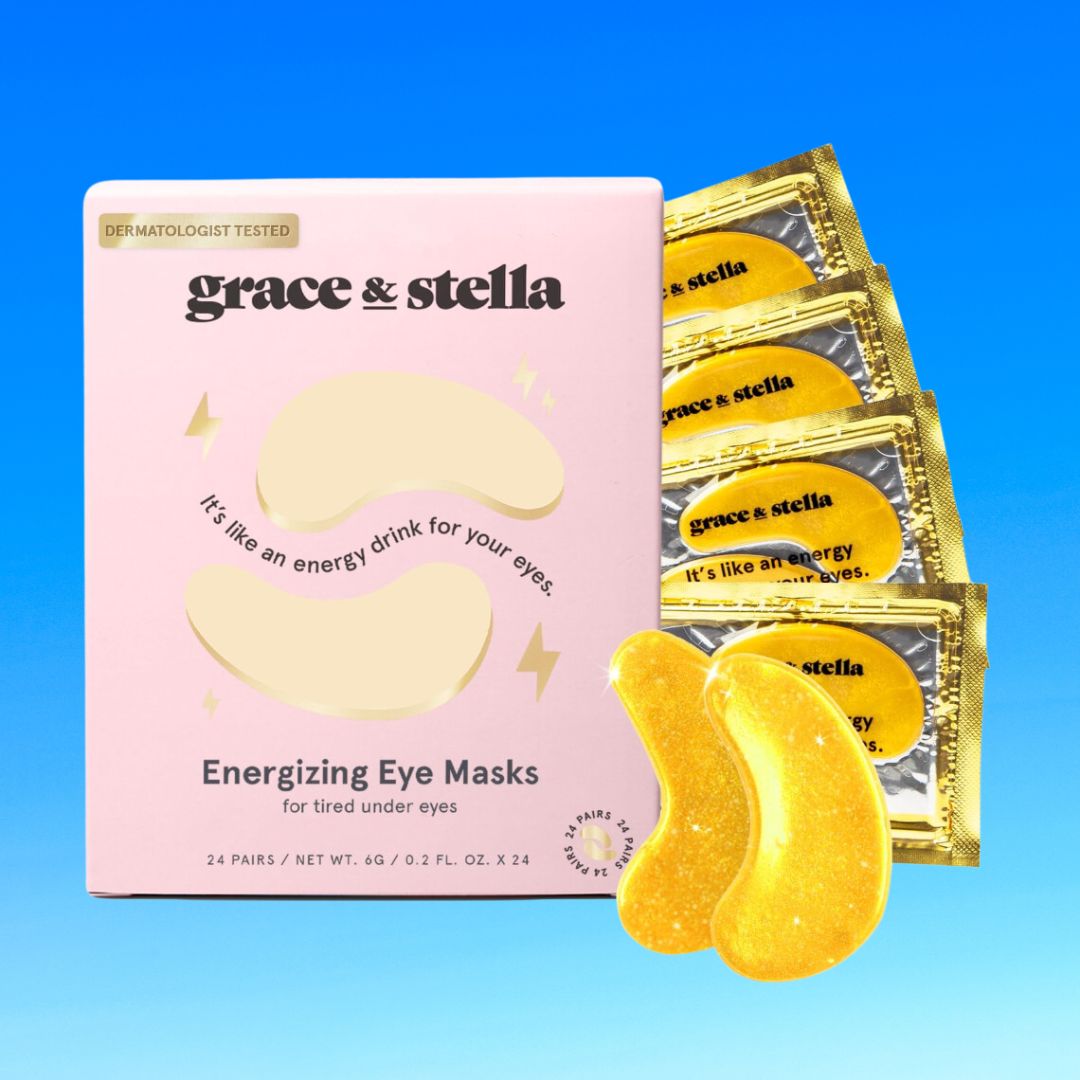 Grace &amp;amp; Stella Energizing Eye Masks packaging with product beside it, labeled as an energy drink for the eyes