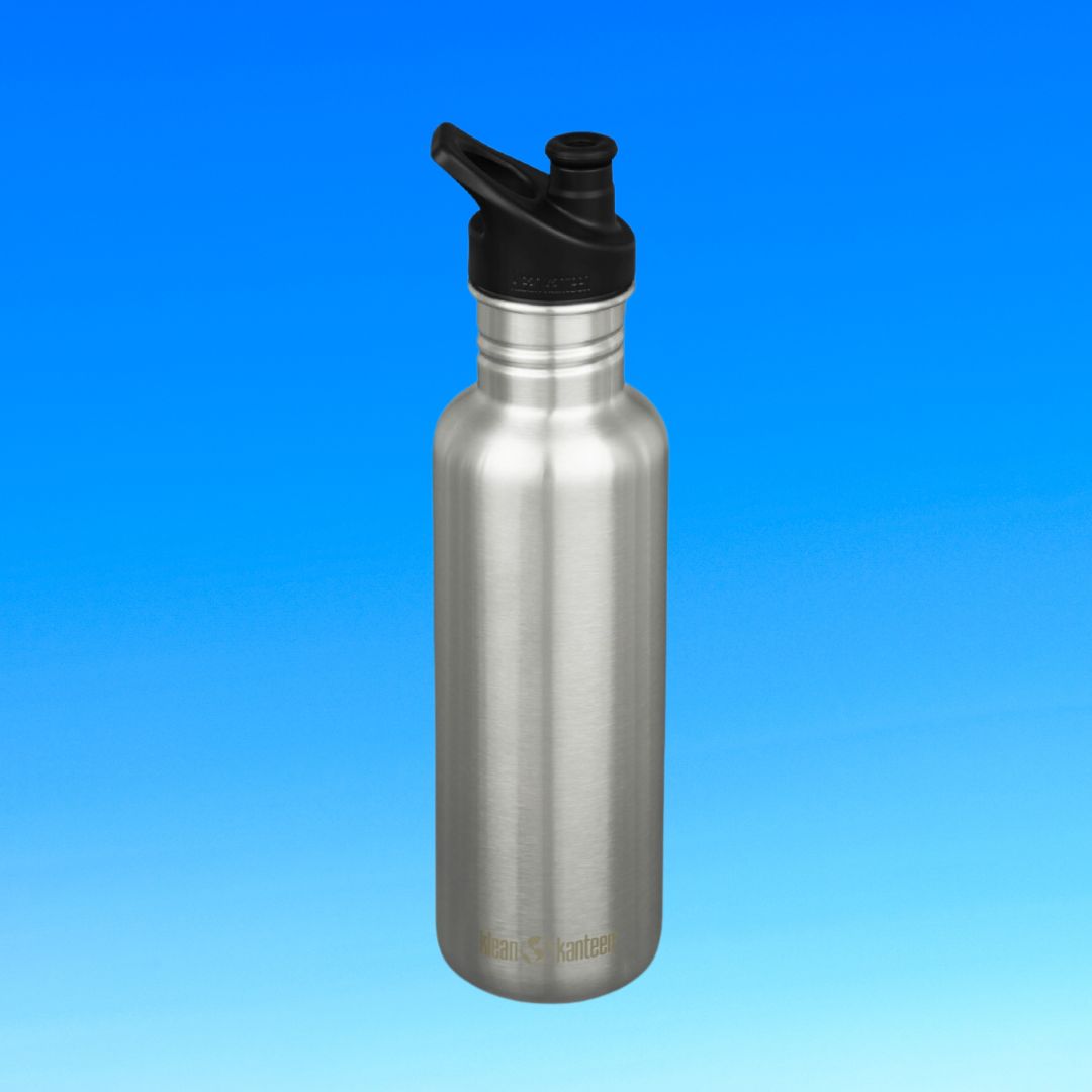 Stainless steel water bottle with a black flip-top cap, centered on a gradient background