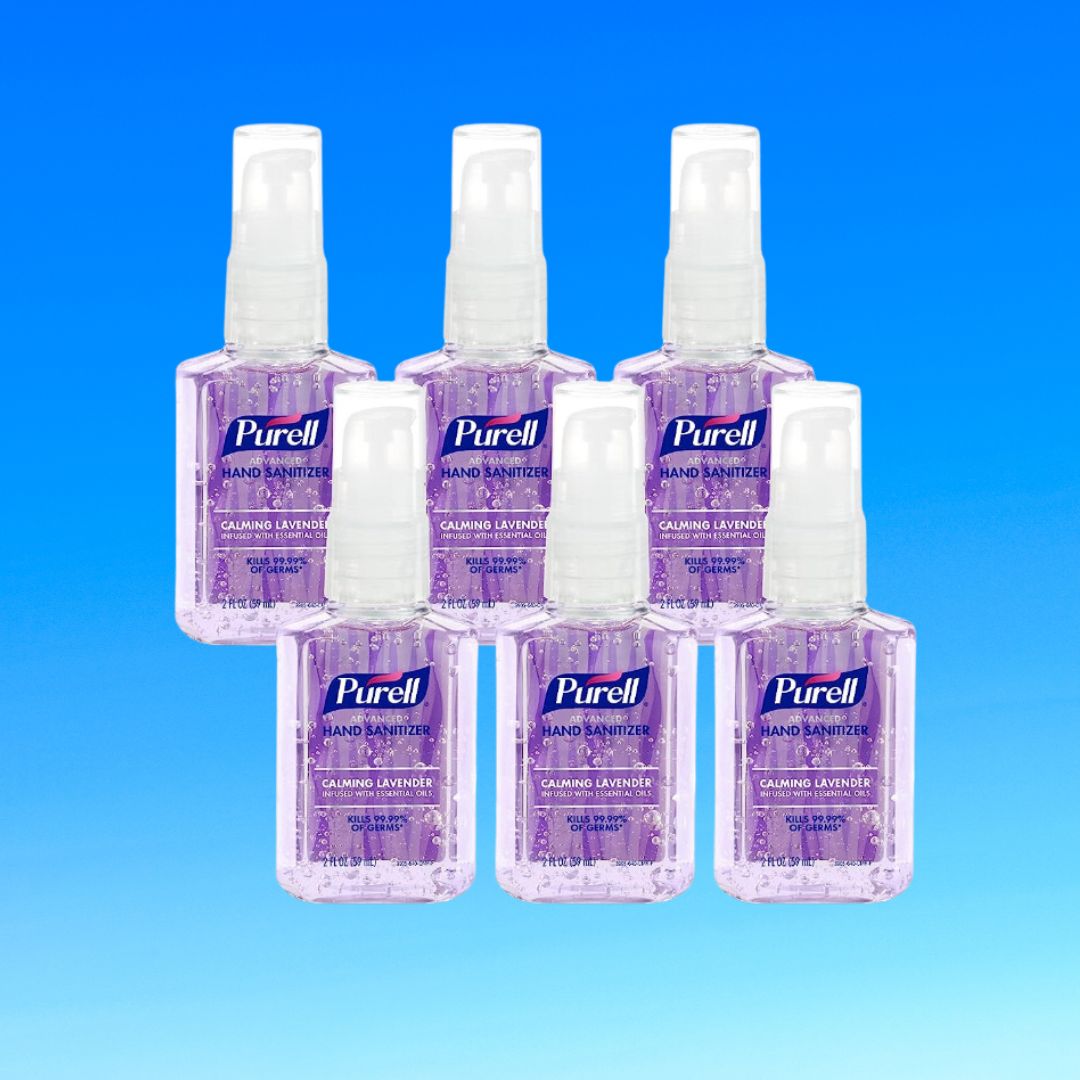 Six bottles of Purell hand sanitizer arranged in a pyramid against a blue background