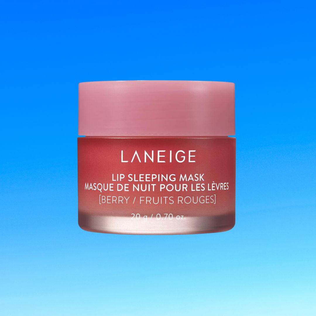 Jar of Laneige Lip Sleeping Mask against a blue background. Text indicates berry flavor