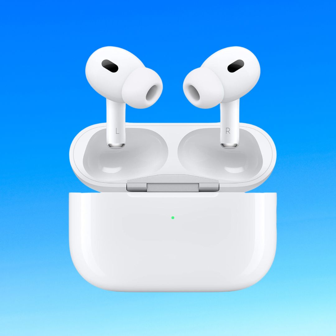 Wireless earbuds with charging case against a blue background