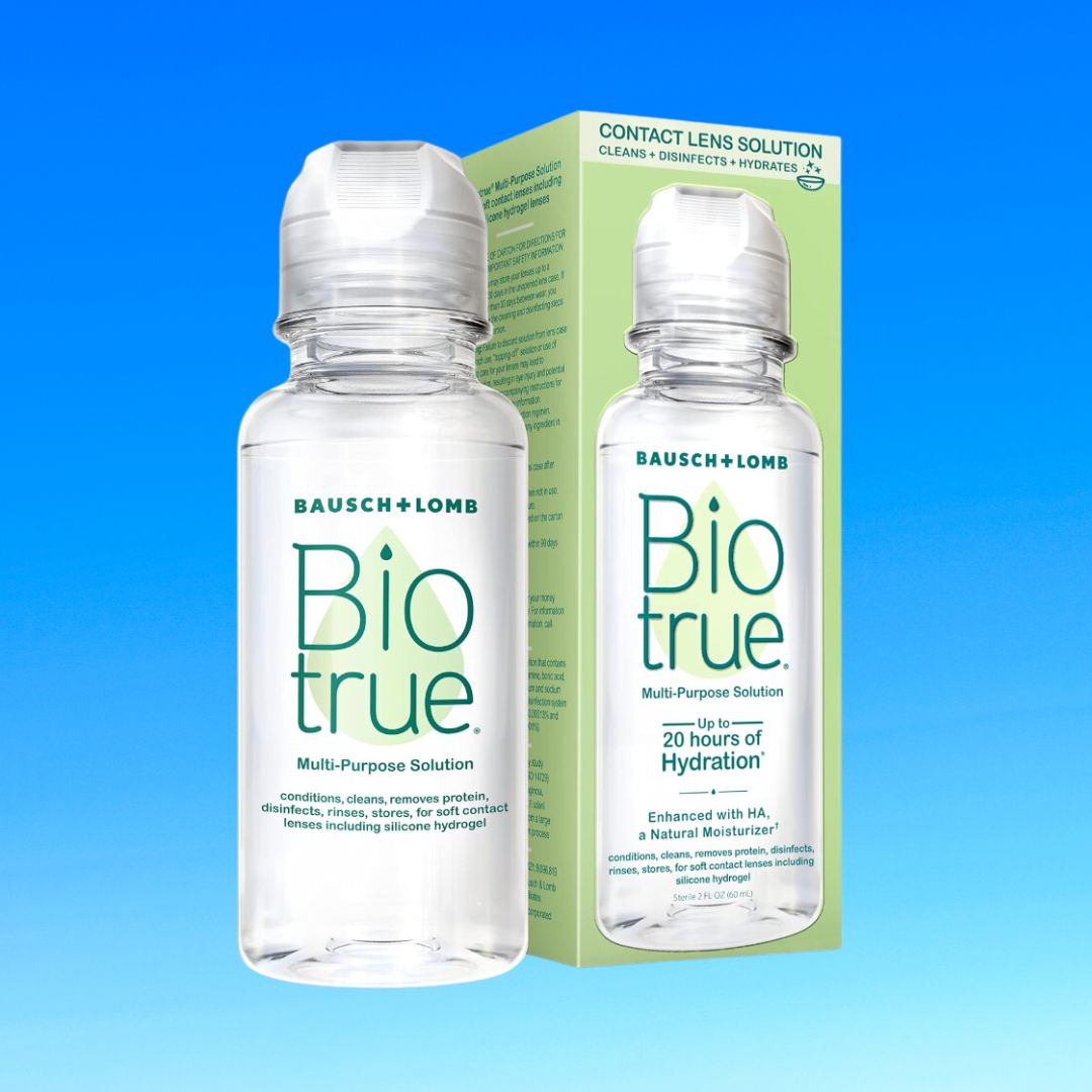 Bausch + Lomb BioTrue contact lens solution bottles, one open, with box highlighting natural ingredients and hydration benefits
