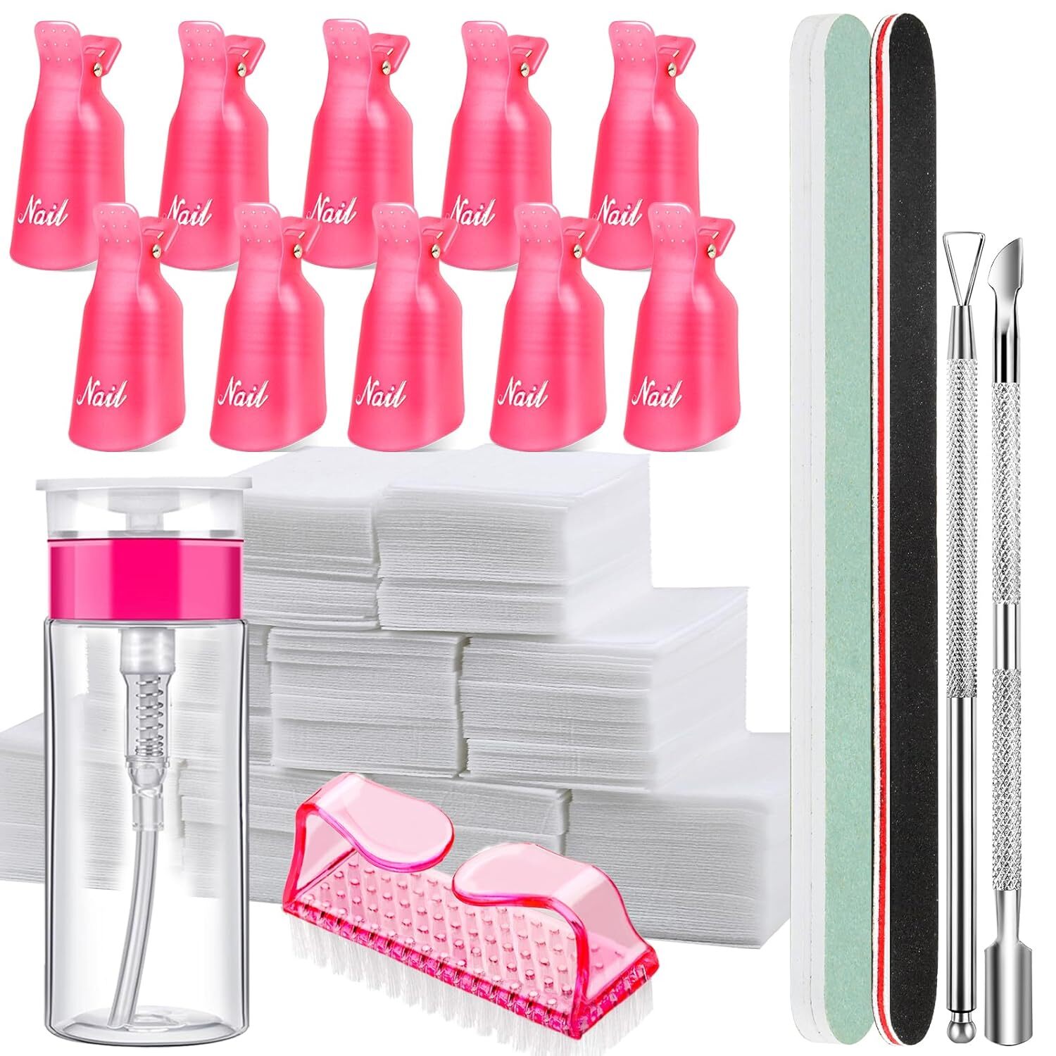 Various nail salon supplies including bottles, buffers, a cleaning brush, files, and tweezers