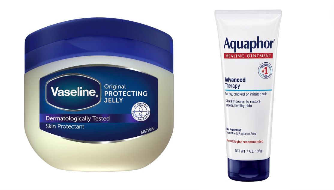 Two skin care products: Vaseline Jelly and Aquaphor Healing Ointment