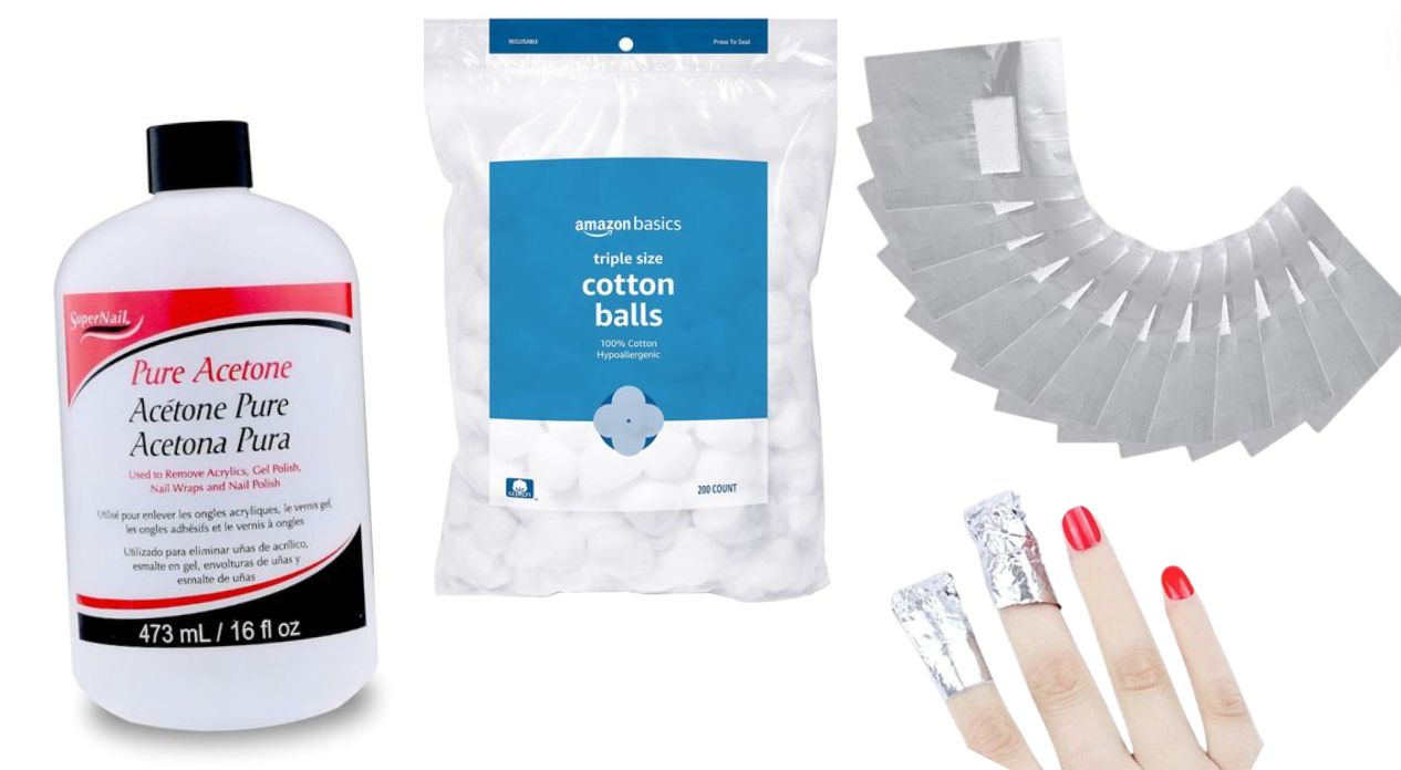 Acetone bottle, Amazon Basics cotton balls pack, aluminum foil sheets, and foil-wrapped fingertips
