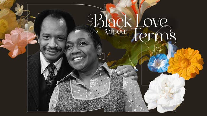 Montage of a couple smiling with text &quot;Black Love on our Terms&quot; and floral graphics