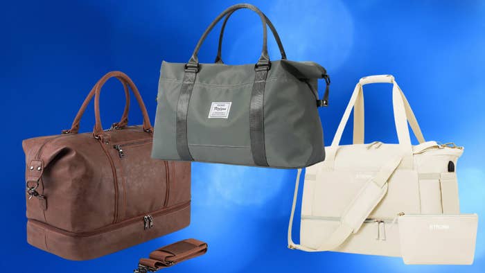 A vintage-inspired leather bag, casual gym-style bag and designer look-alike weekender bag.