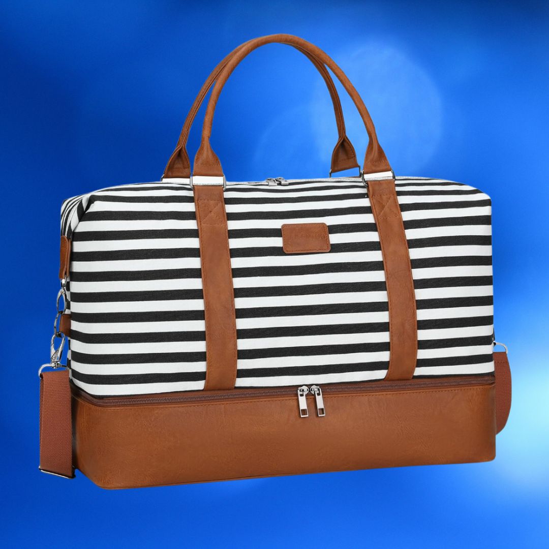 Stripe-patterned duffle bag with leather accents for travel or shopping displayed against a blue background