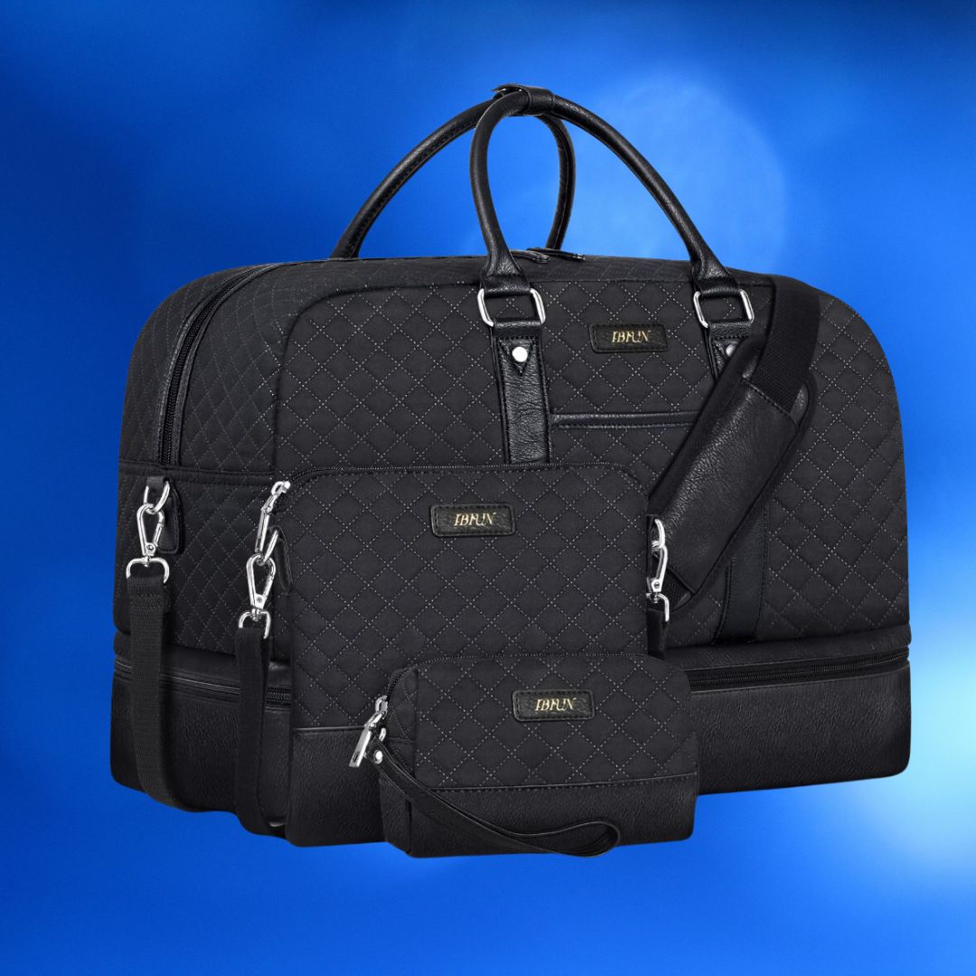 Quilted black luggage set with detachable shoulder straps against a blue background