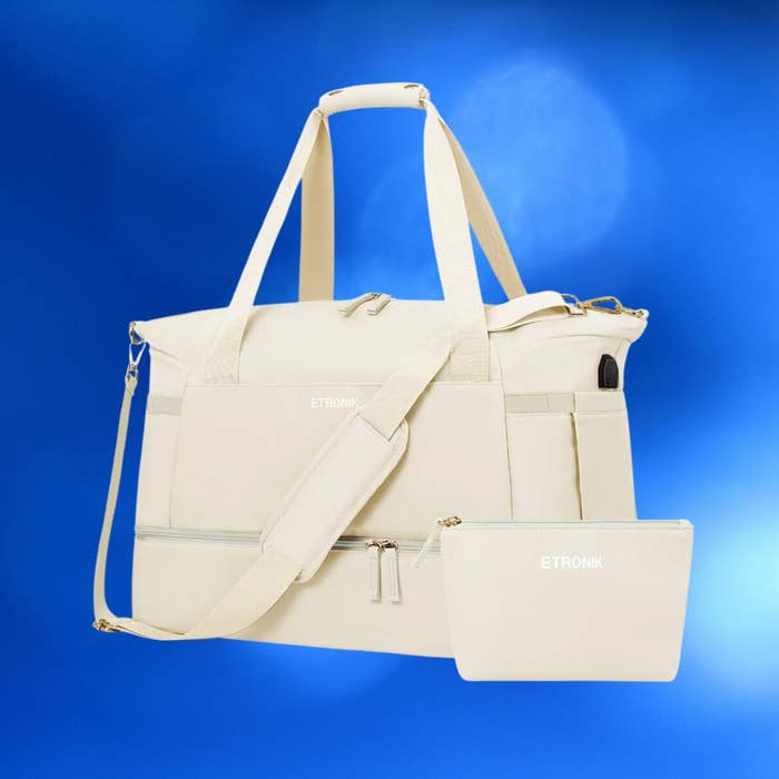 Cream-colored Etronik branded bag and matching pouch floating on a blue background