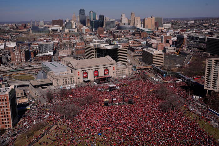 The Kansas City Chiefs celebrate during their victory parade in Kansas City, Missouri, on Feb. 14.