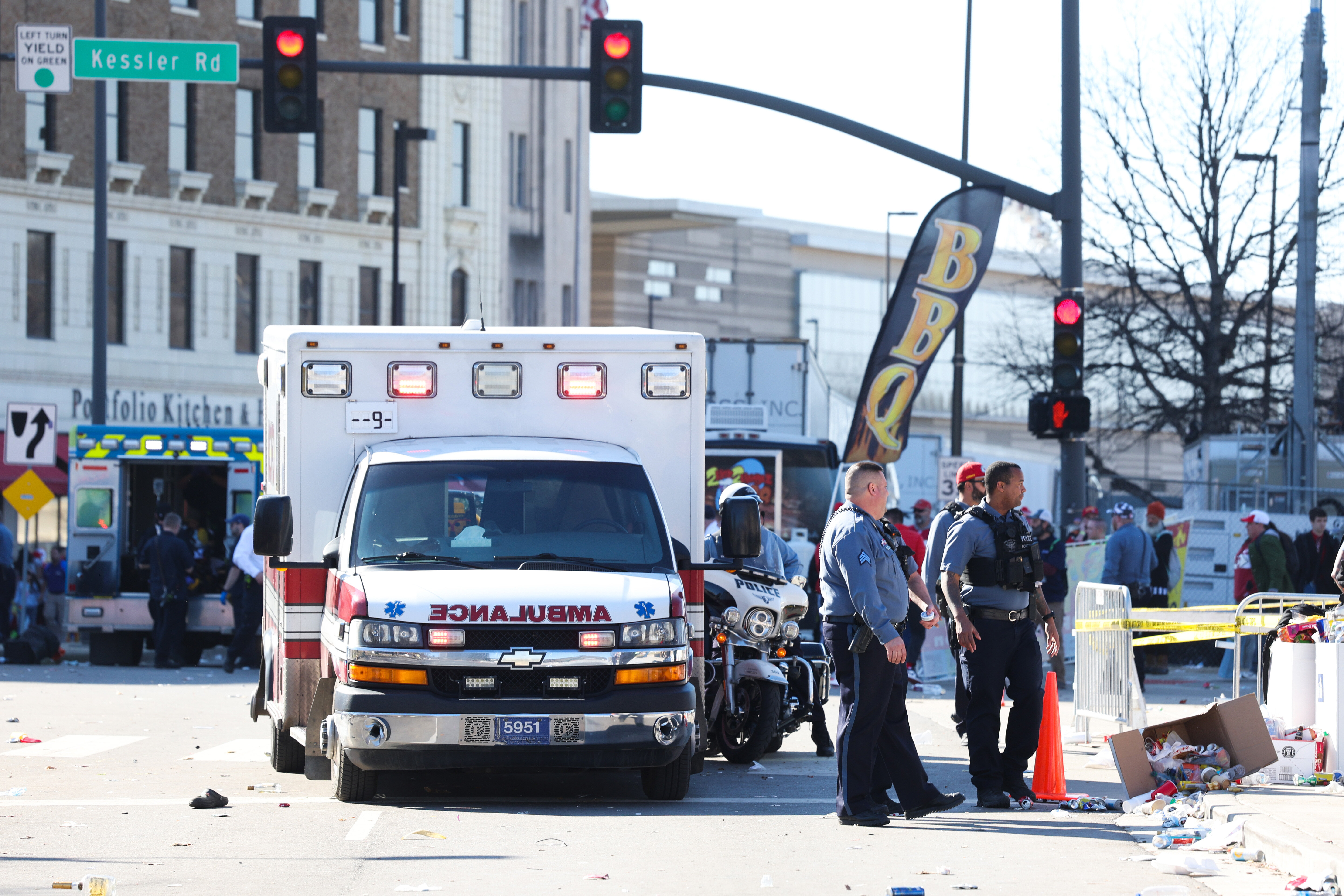Law enforcement and medical personnel respond to a shooting at Union Station during the Kansas City Chiefs Super Bowl LVIII victory parade on Wednesday.
