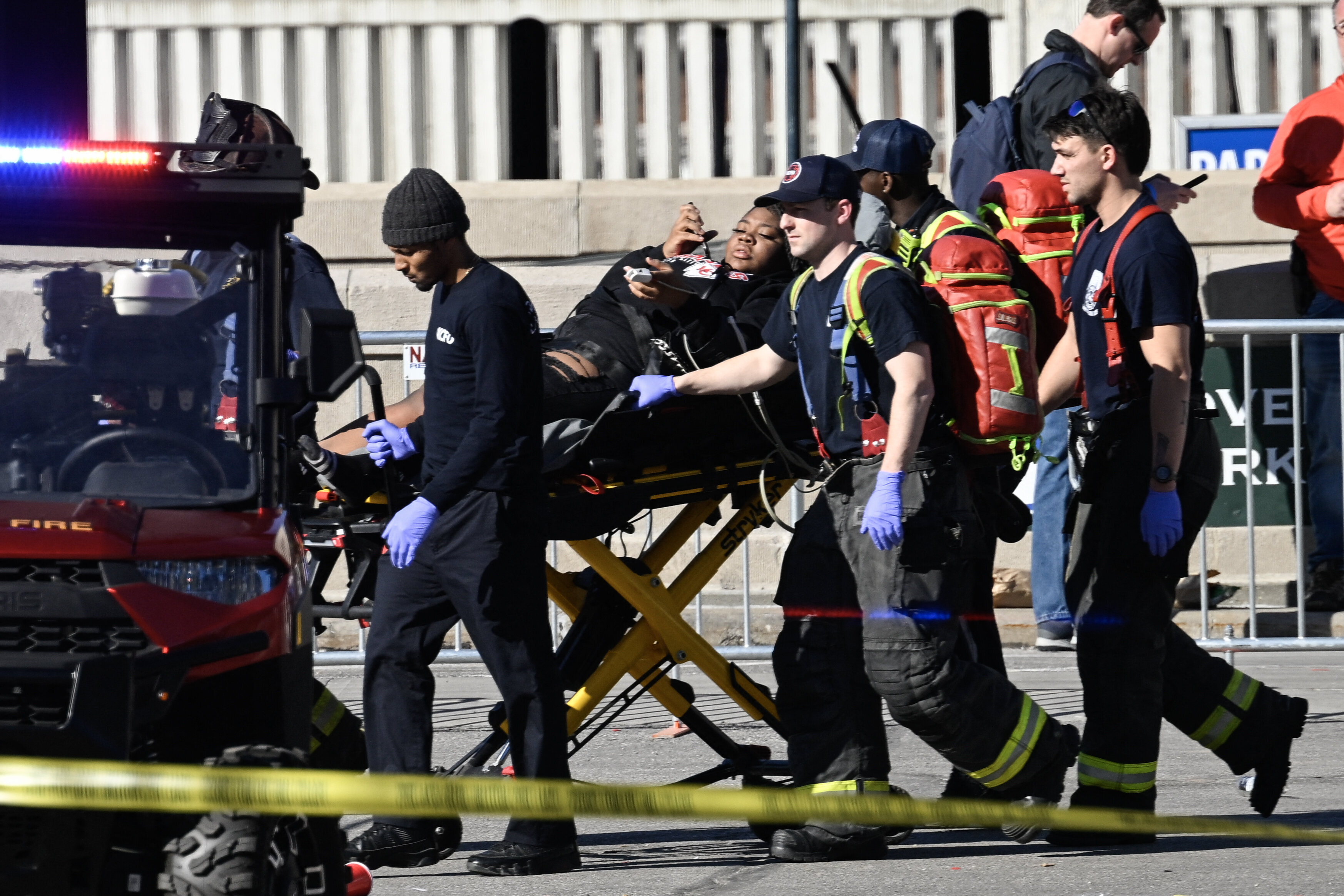 First responders tend to an injured person as they bring her out of Union Station near the Kansas City Chiefs&#x27; Super Bowl LVIII victory parade on Wednesday.