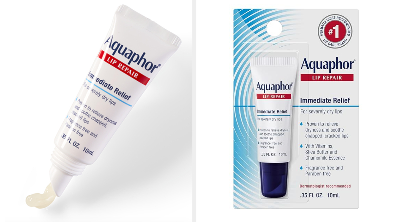 Tube of Aquaphor Lip Repair ointment next to its packaging