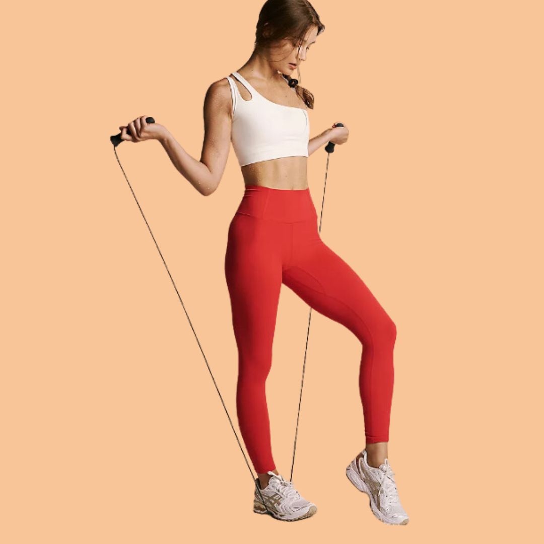 Model wearing high-rise workout leggings