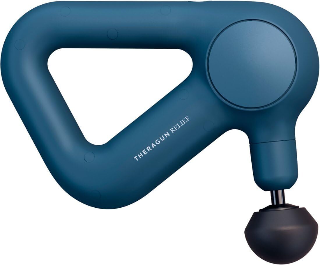 Handheld percussive massage device, Theragun Elite model, in a triangular shape with a spherical attachment