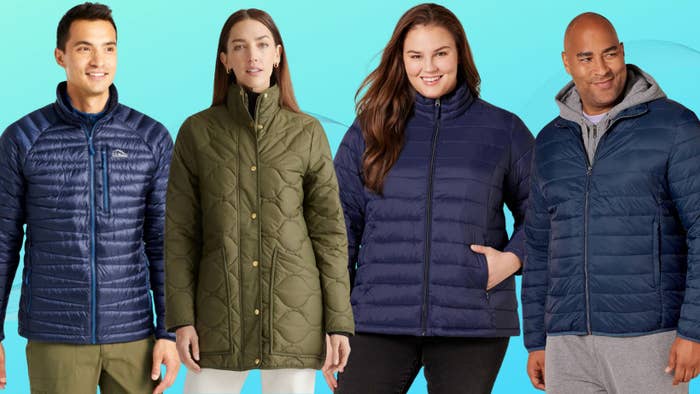 An L.L. Bean Ultralight sweater, Quince featherless quilted jacket and Amazon Essentials lightweight puffer.