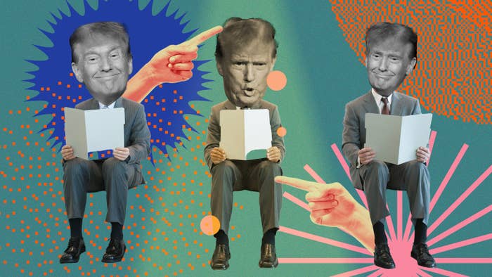 Three cartoon figures resembling Donald Trump sitting and holding blank papers with illustrated pointing hands