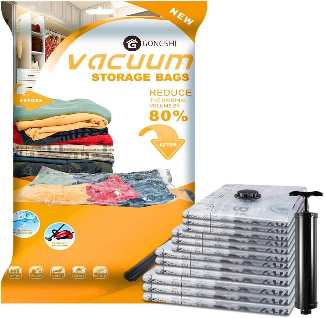 Vacuum storage bags with pump for reducing clothing volume, shown with before and after usage