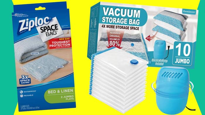 A pair of jumbo Ziploc waterproof bags and set of 10 larger bags with an electric pump.