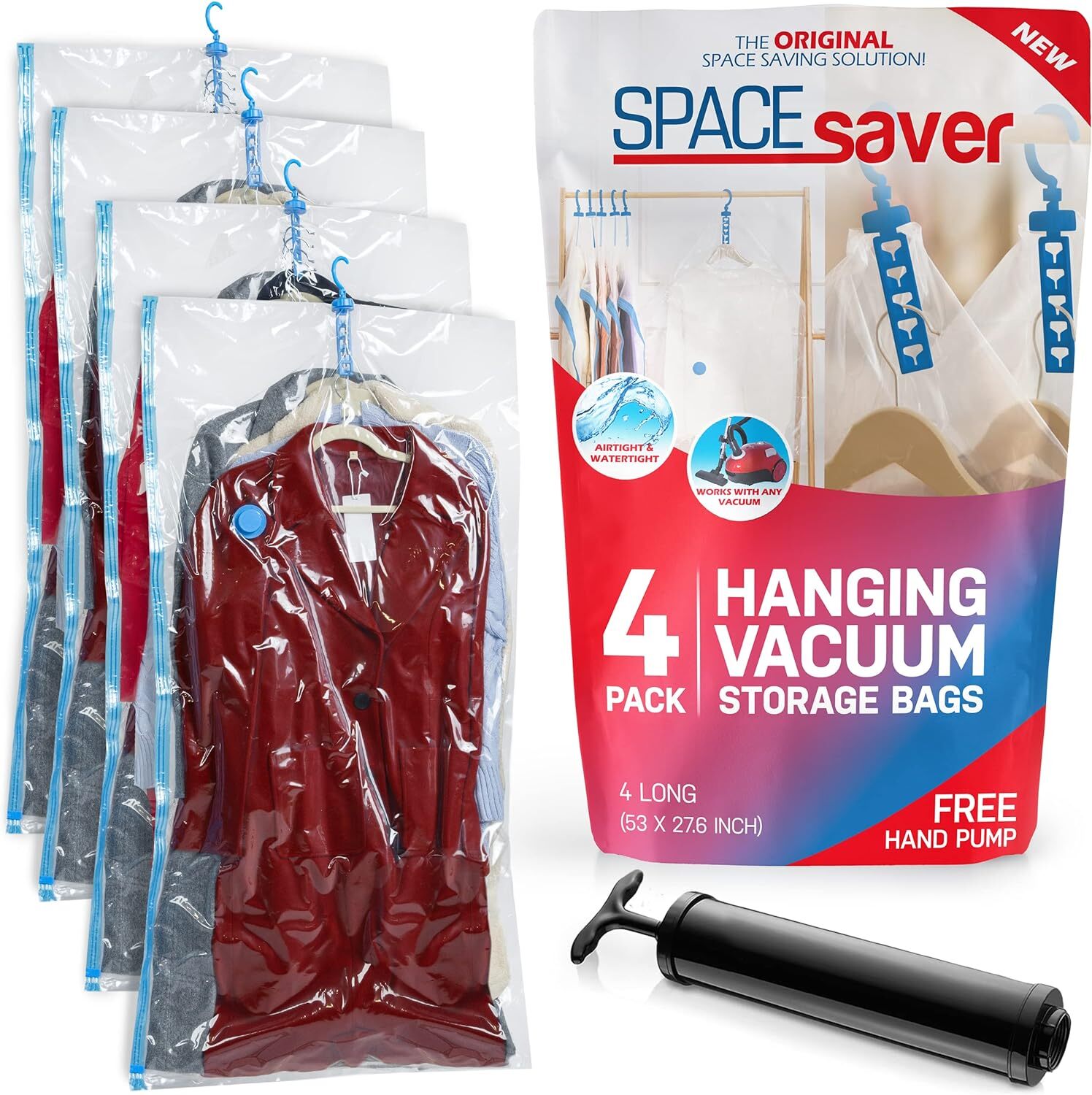Four vacuum-sealed storage bags with pump, advertised for hanging clothes to save space