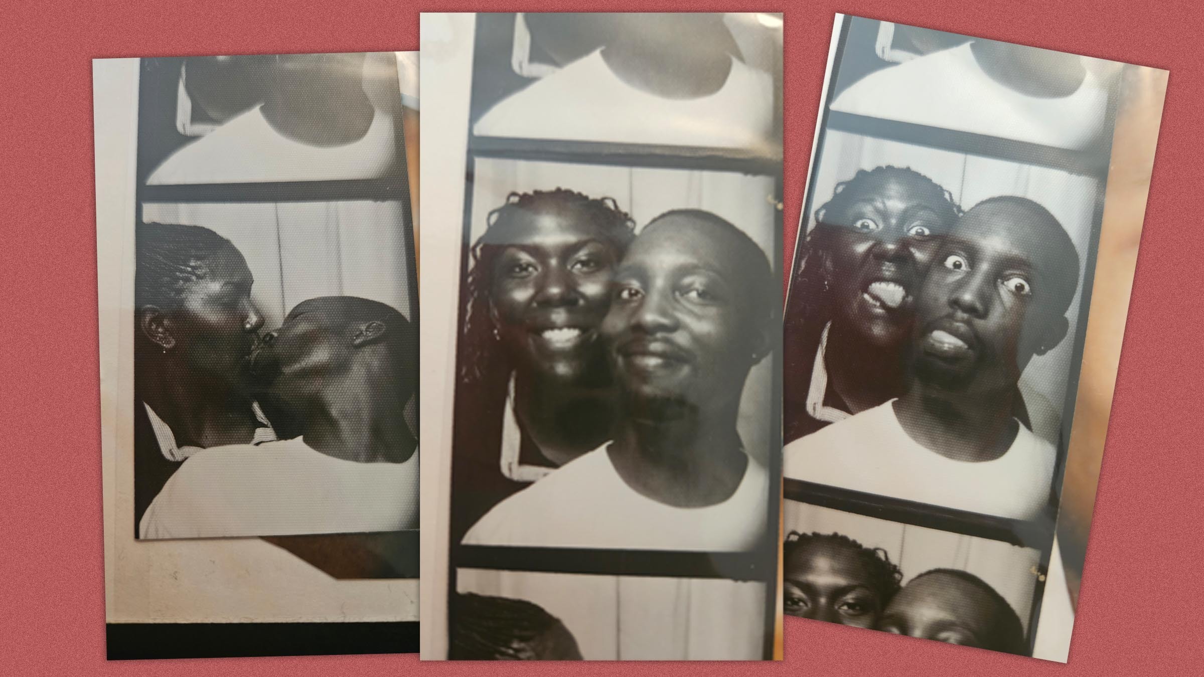 Three photo booth strips showing a couple in various poses including a kiss
