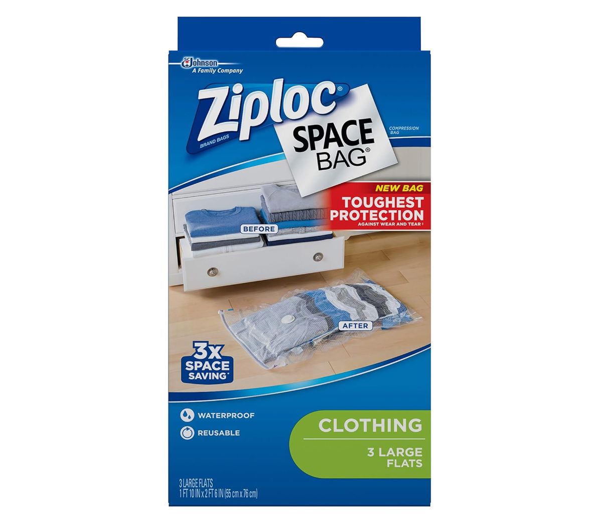 Package of Ziploc Space Bags labeled for clothing with a before and after storage comparison