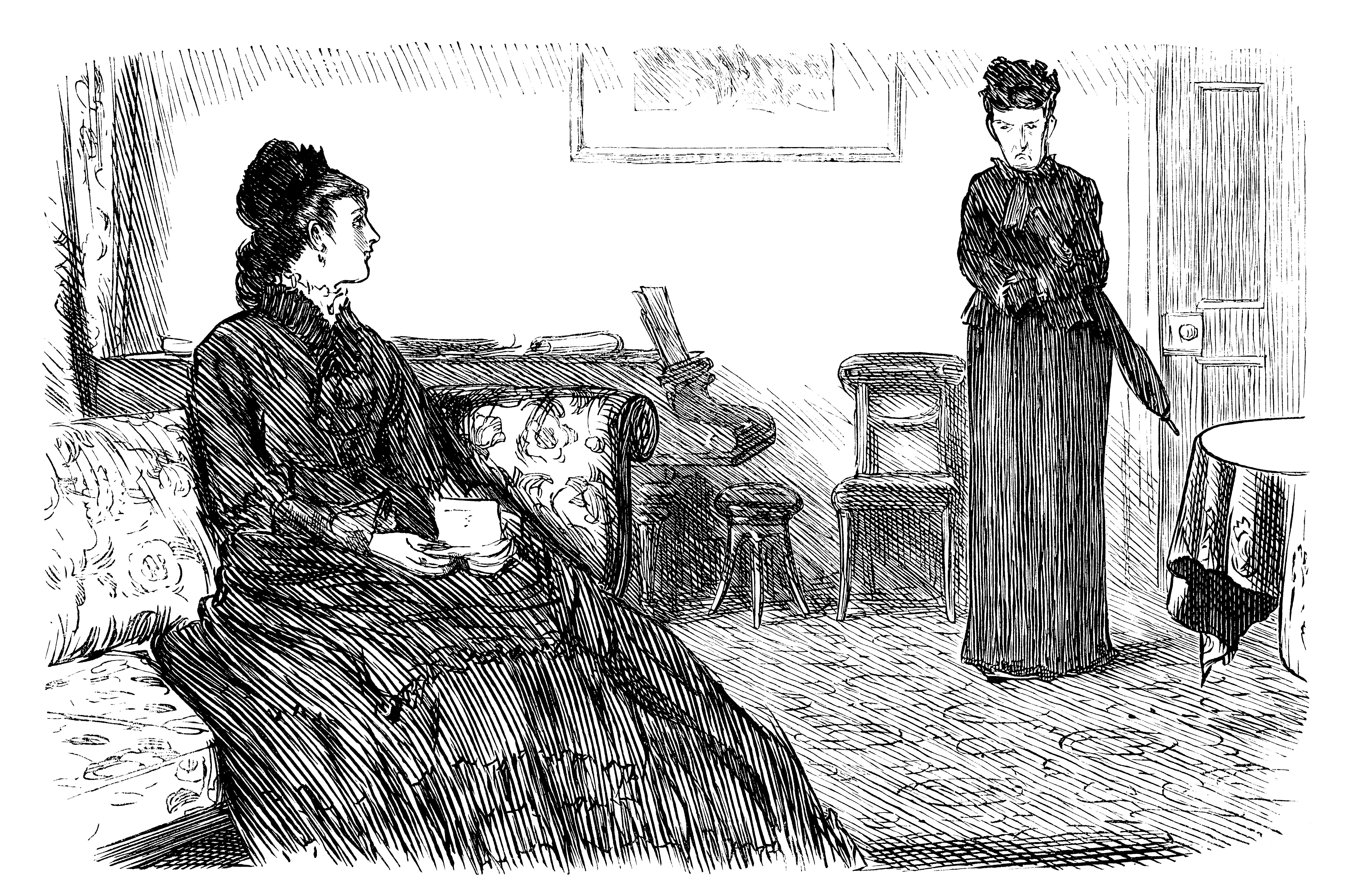 Two Victorian-era women in a drawing room, one seated with tea, the other standing with her hand on a chair