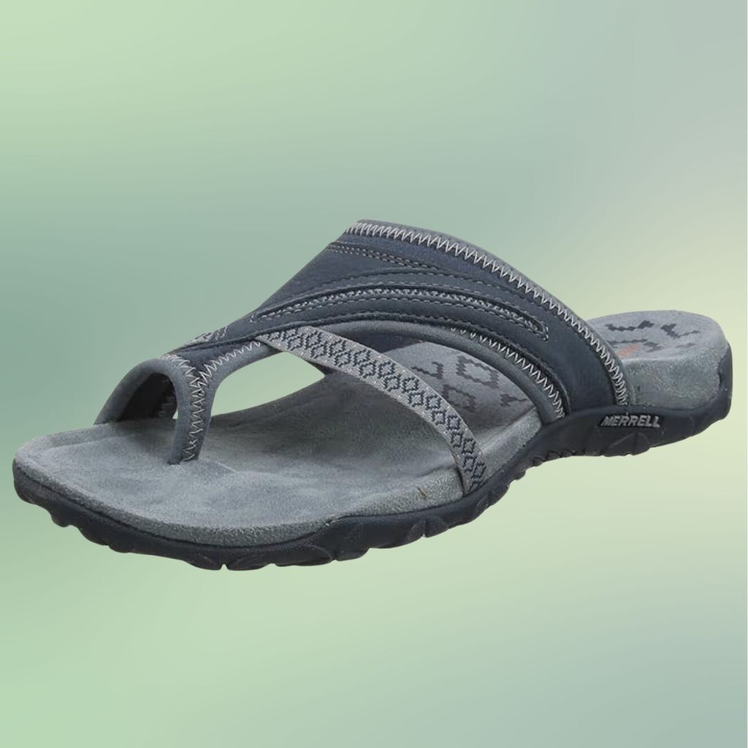 Single gray sandal with zigzag stitching and Merrell brand logo visible