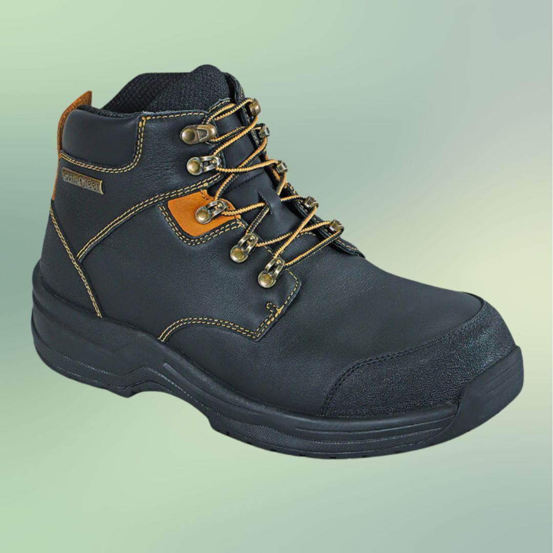 Black leather work boot with laces on a gradient background