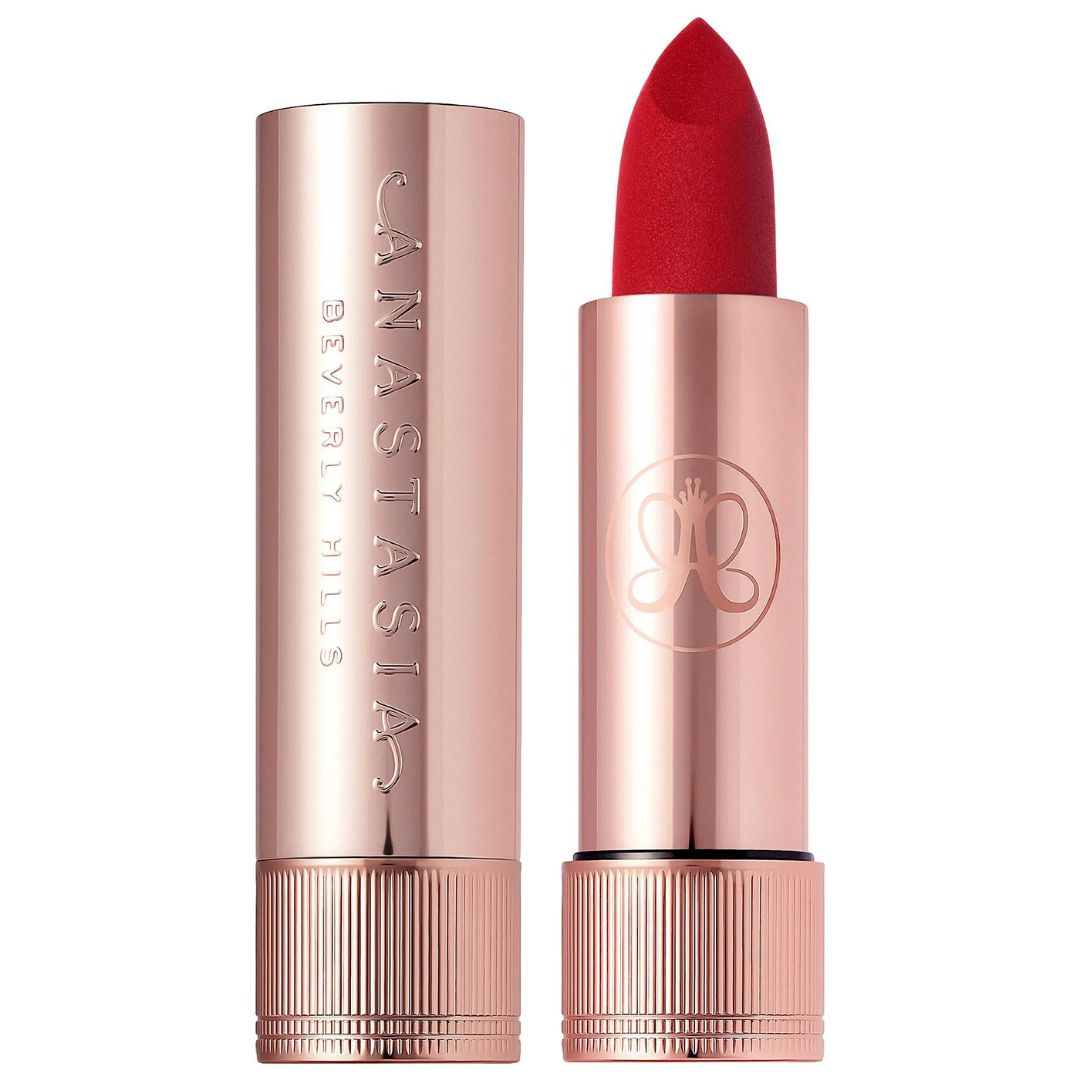 the velvet-finish red lipstick in a pink tube