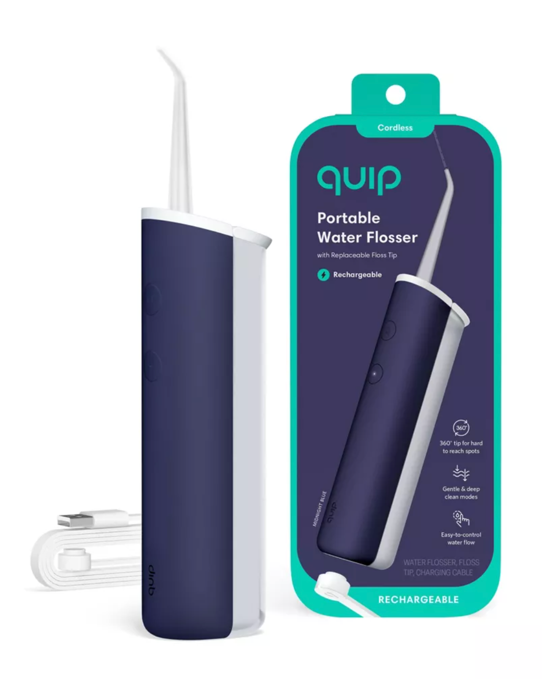 Quip portable h2o  flosser acceptable   with charging cable. The packaging highlights features similar  casual  refill, rechargeable, and replaceable floss tips