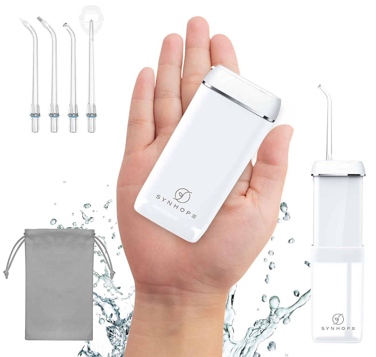 Hand holding a portable h2o  flosser with aggregate  nozzles, a retention  bag, and h2o  splash effects, promoting a dental hygiene product