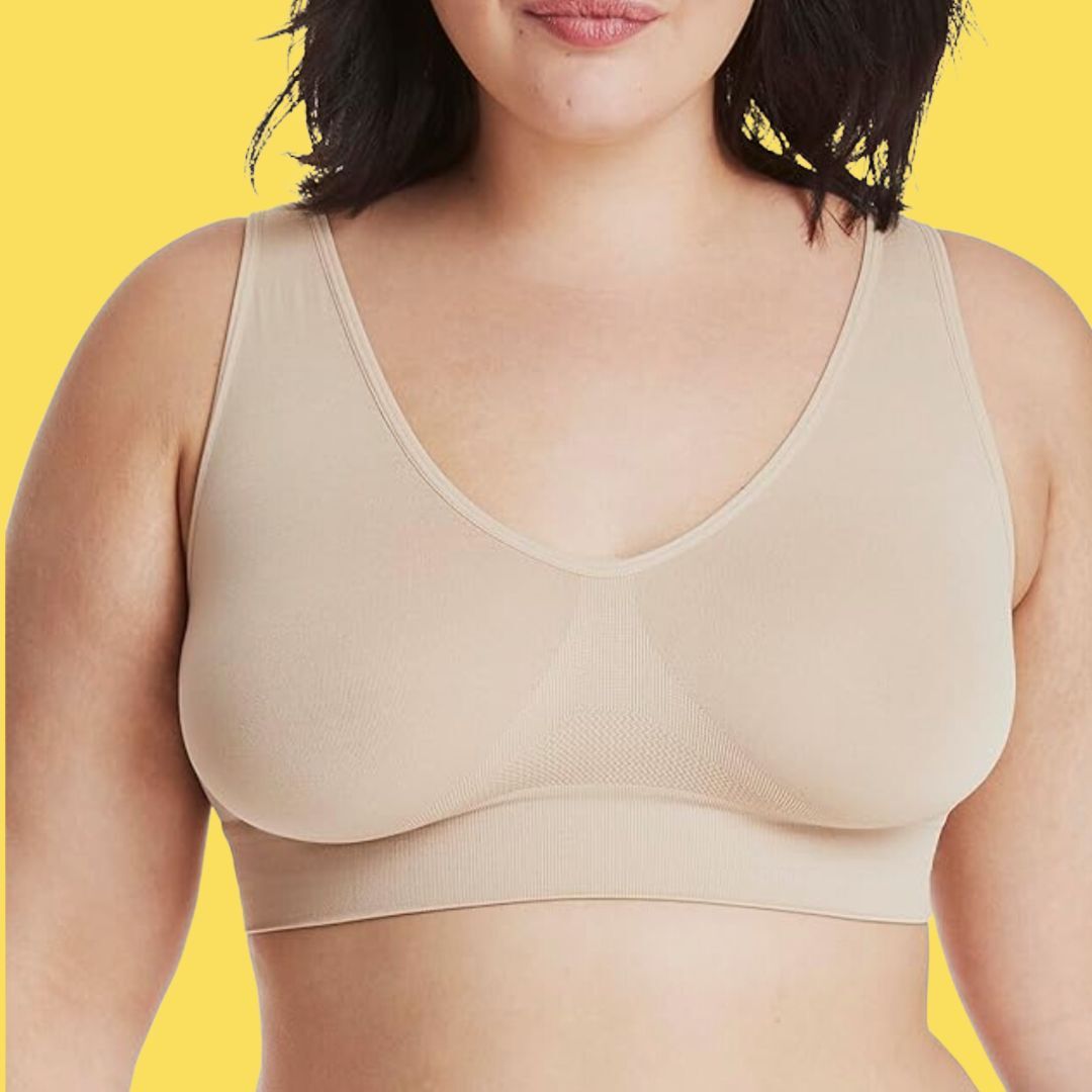 model wearing beige seamless pull-over bra
