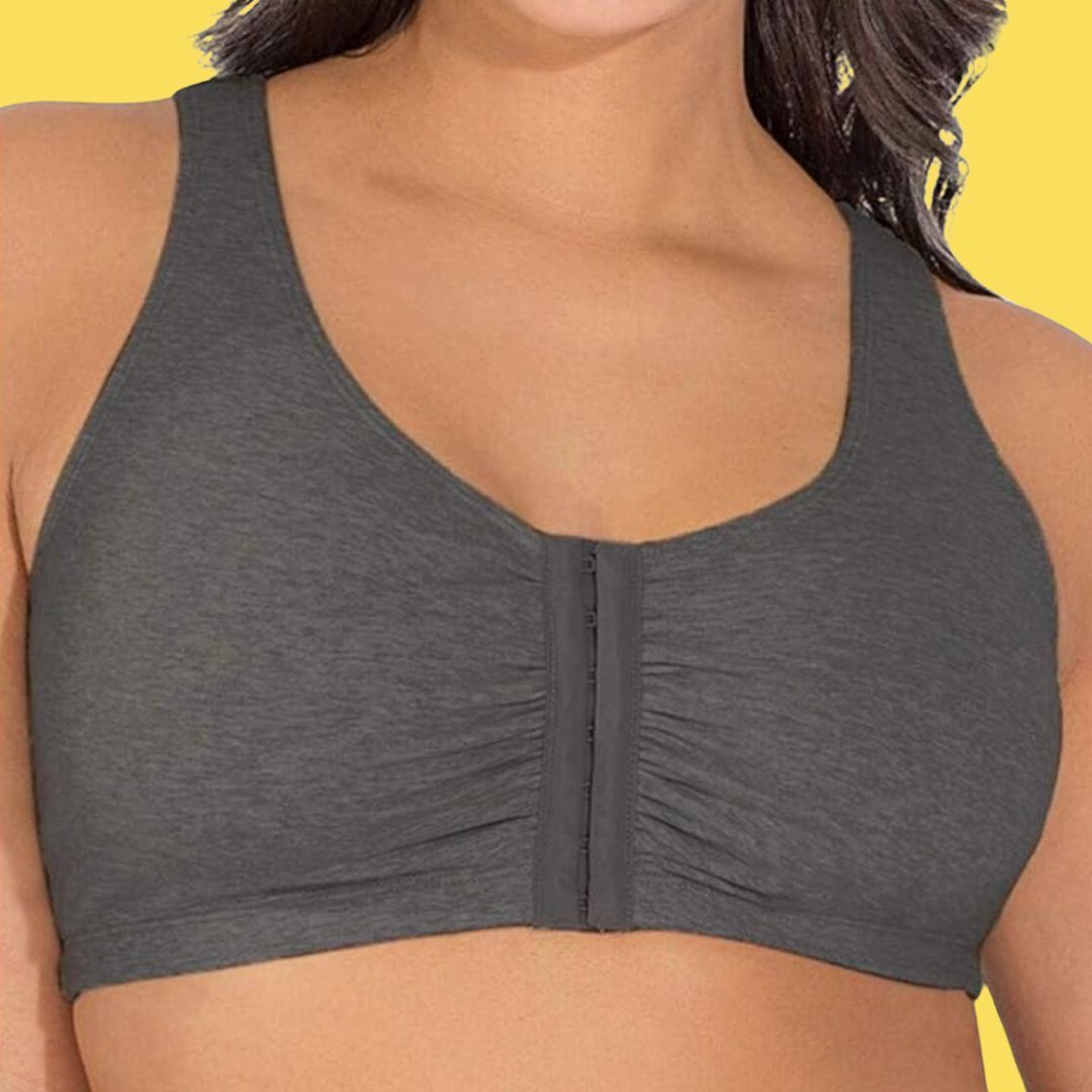 model wearing gray front-closure sports bra