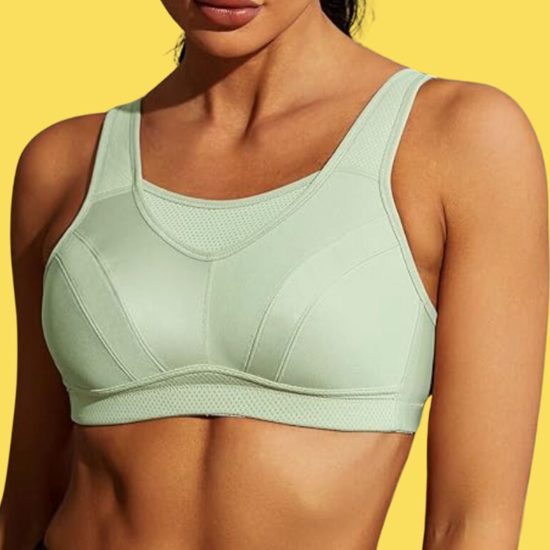model wearing green high-impact sports bra