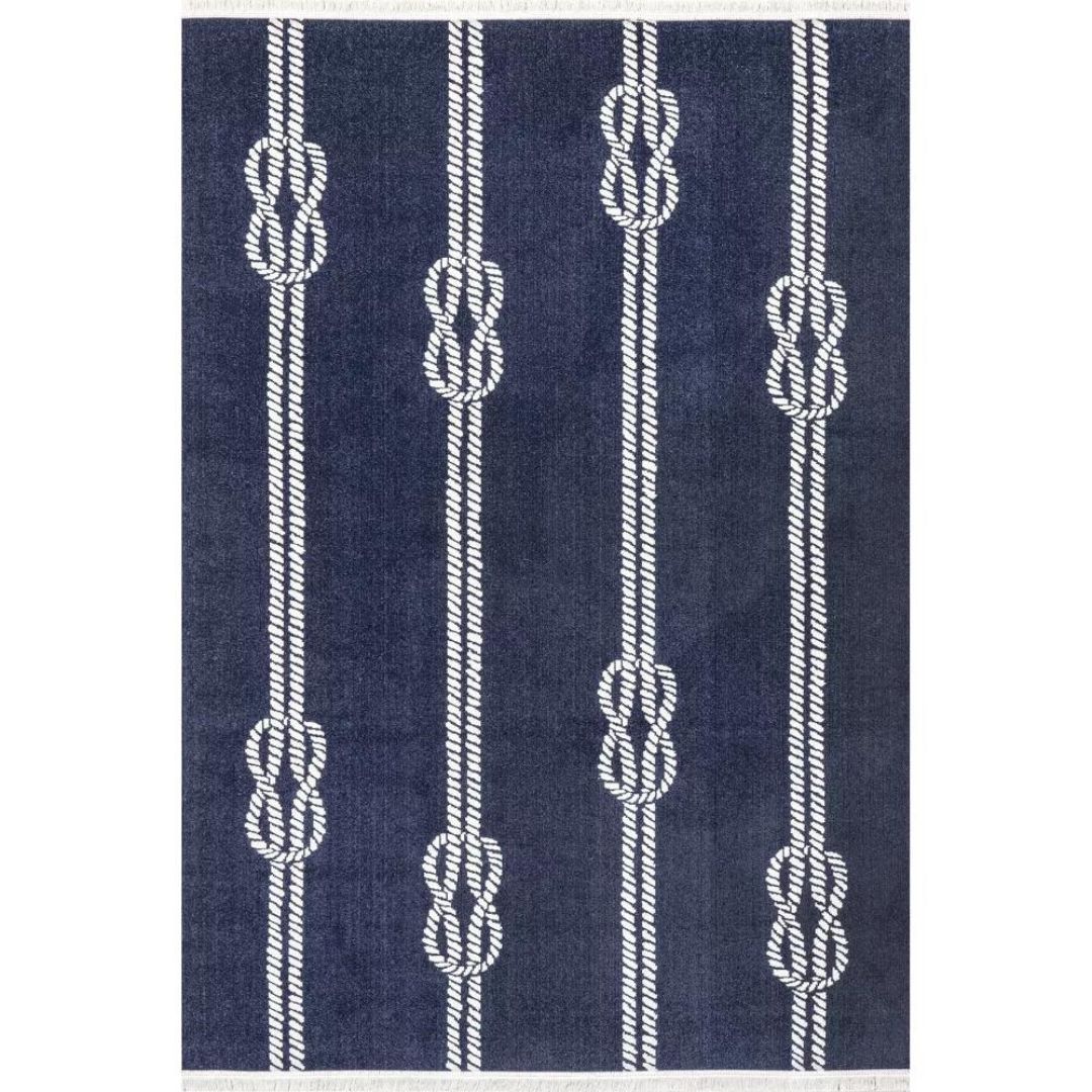 A blue rug with a white nautical knot pattern