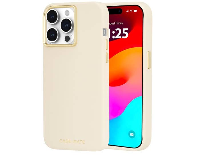 Smartphone with a cream-colored case displaying the time and a colorful wallpaper