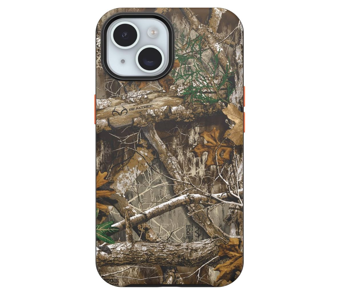 An OtterBox phone case with an outdoorsy print installed on a phone