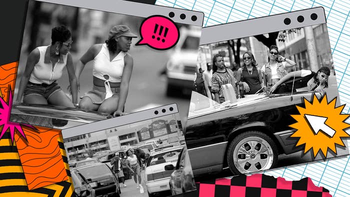 Collage of vintage hip-hop style with individuals around a convertible car, symbolizing music culture