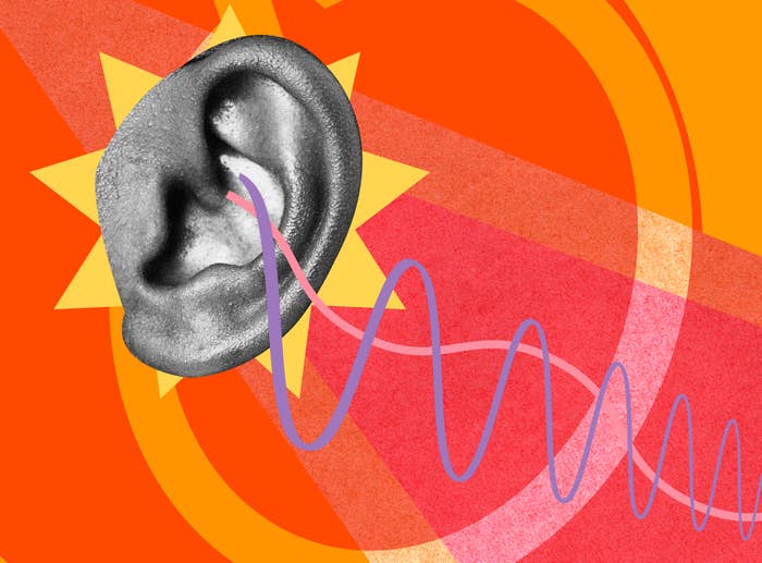 Illustration of an ear with a sound wave passing through, on an abstract background