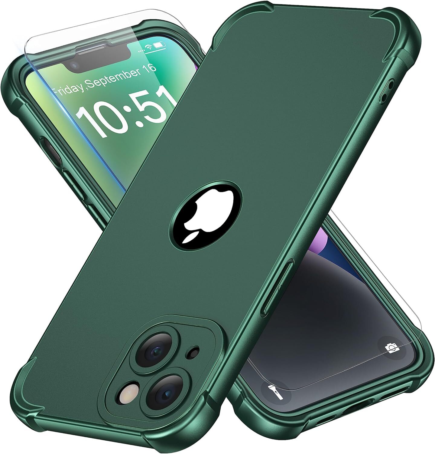 A green phone case and clear screen protector installed on an iPhone