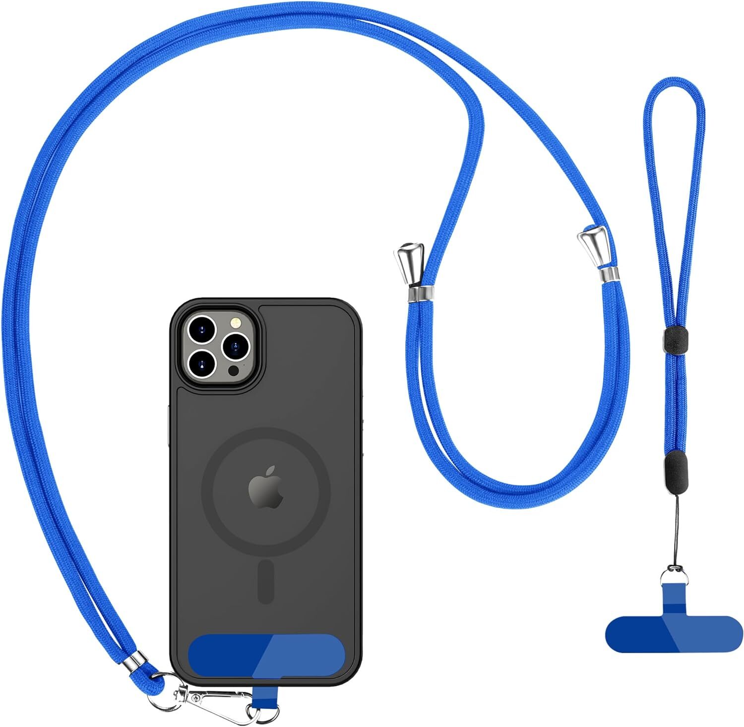 A blue lanyard attached to a smartphone
