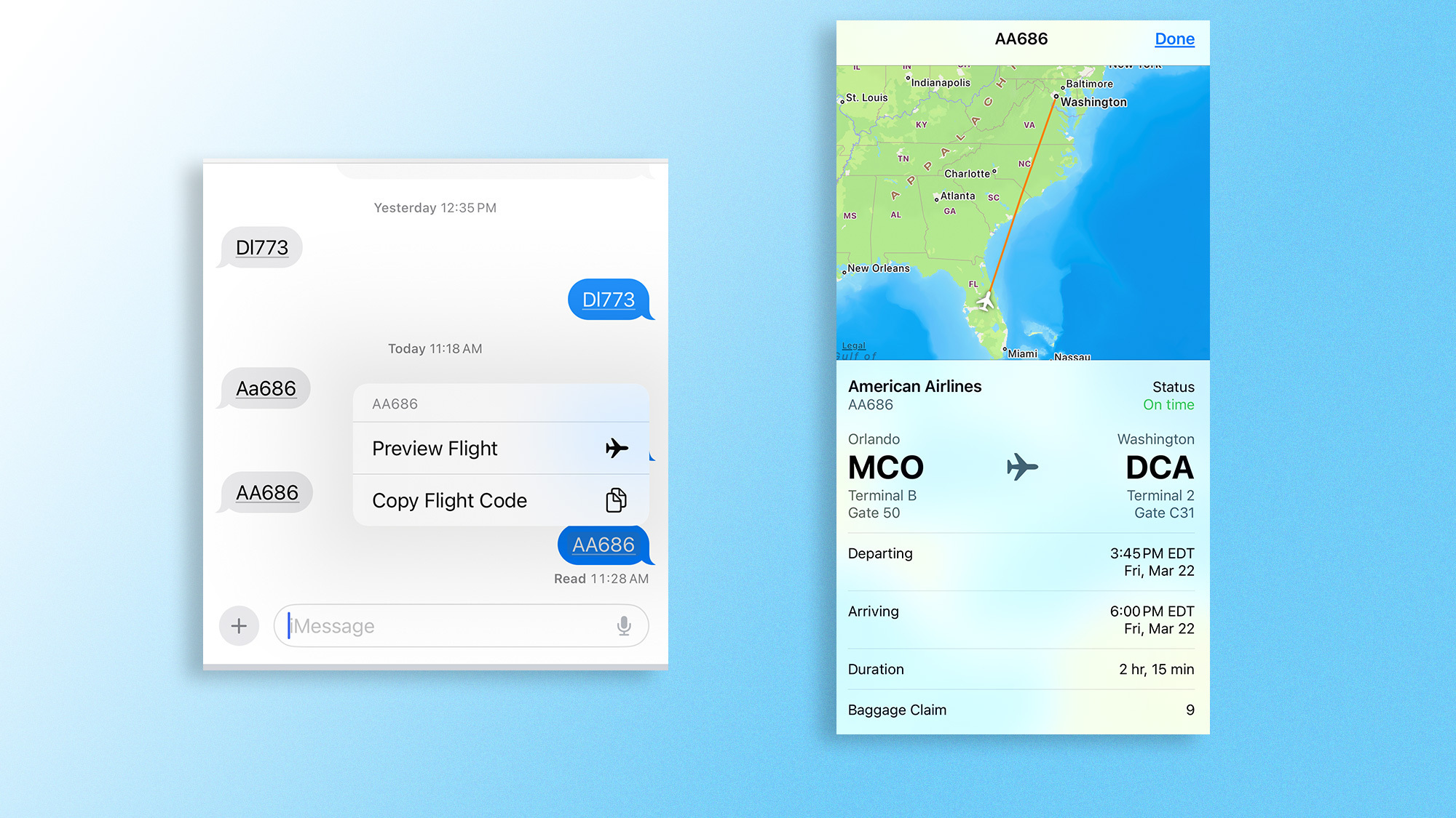Flight information app with two flights listed, options to preview and copy flight code, and a map showing a flight path from Orlando to Washington