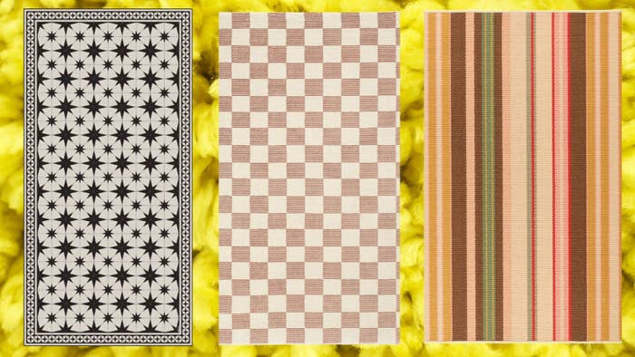 Three rugs with different patterns: stars, checkered, and striped, displayed side by side