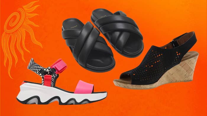 Athletic sandals, black slide sandals, and black cork wedge sandals against an orange background