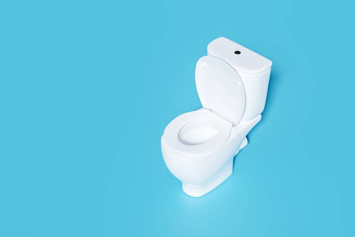 White toilet with an open lid against a blue background