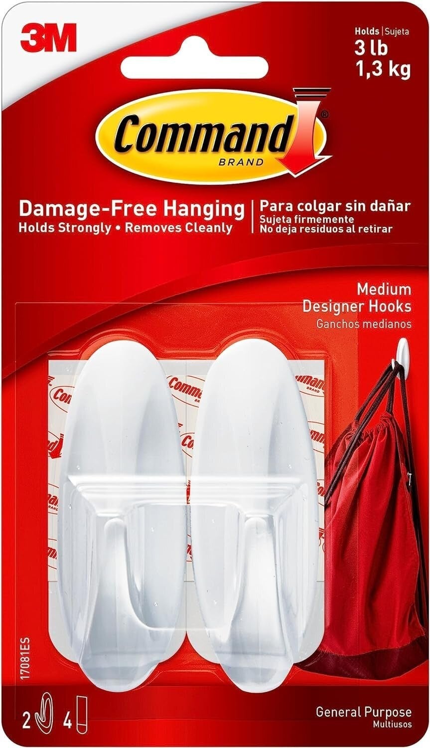 Package of Command Medium Designer Hooks for damage-free hanging, holds 3 lbs, includes 2 hooks and 4 strips